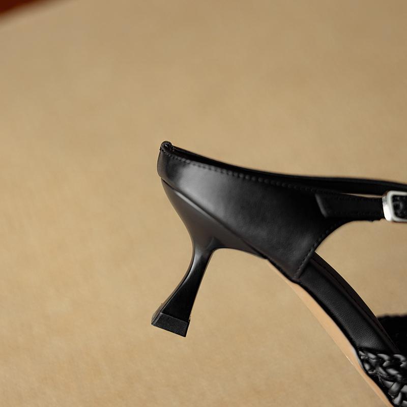 Fashion Women's New Leather, Cowhide, Woven Fabric, Pointed High Heels, Elastic Buckle Strap, Breathable Fashion, M Ü Ller Slippers