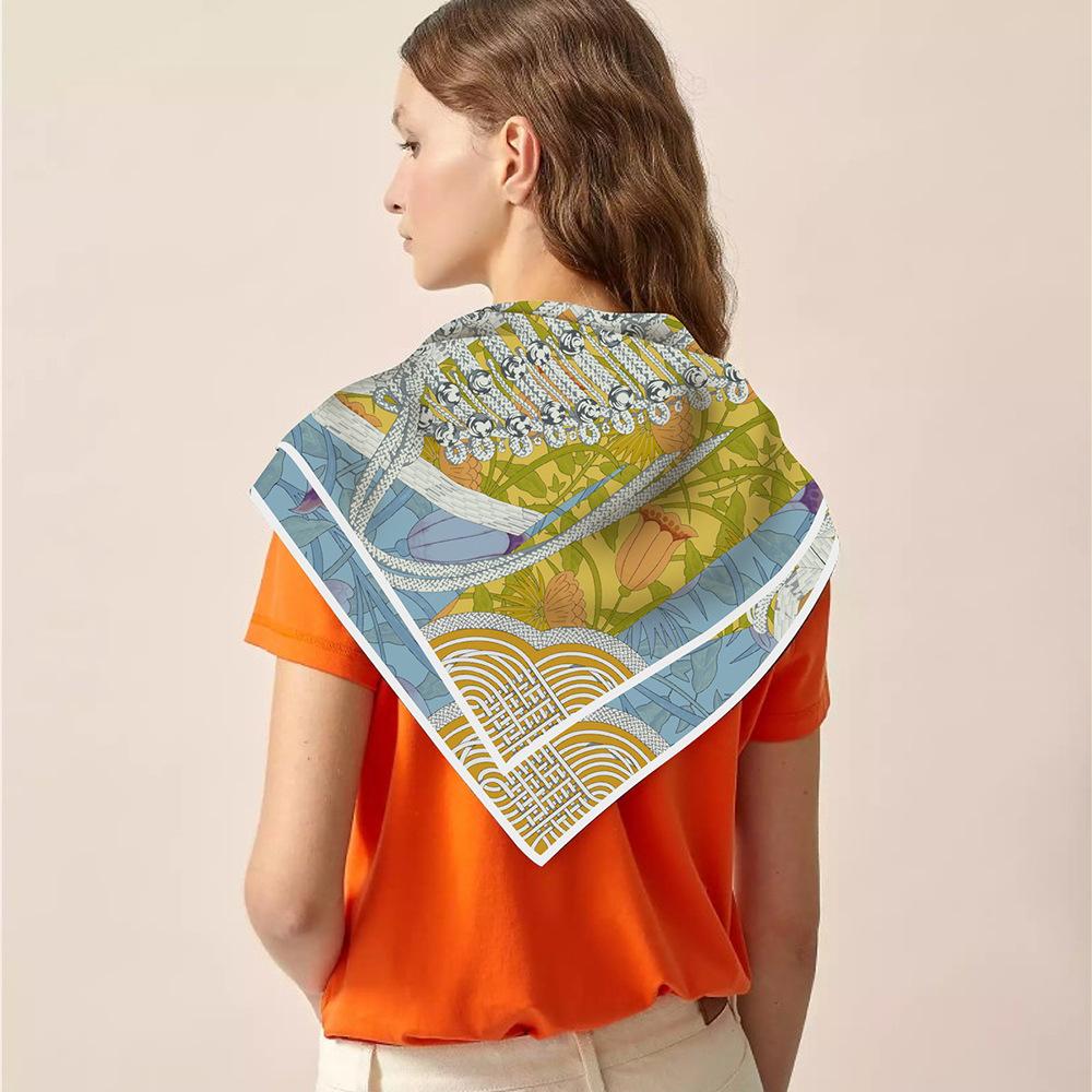 Шелковый платок 90 см Женский платок с ретро-принтом для одежды Квадратный платок Головной платок Эшарпы Шелковые фуляры Женские накидки Пляжные шали Бандана Женский хиджаб