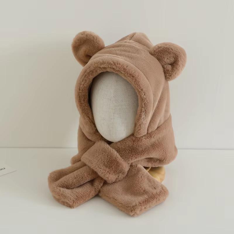 Cartoon One Piece Baby Plush Hat Scarf Winter Warm Ear Protection Cap Scarves for Kids Boy Girl Cute Bear Beanies Cap