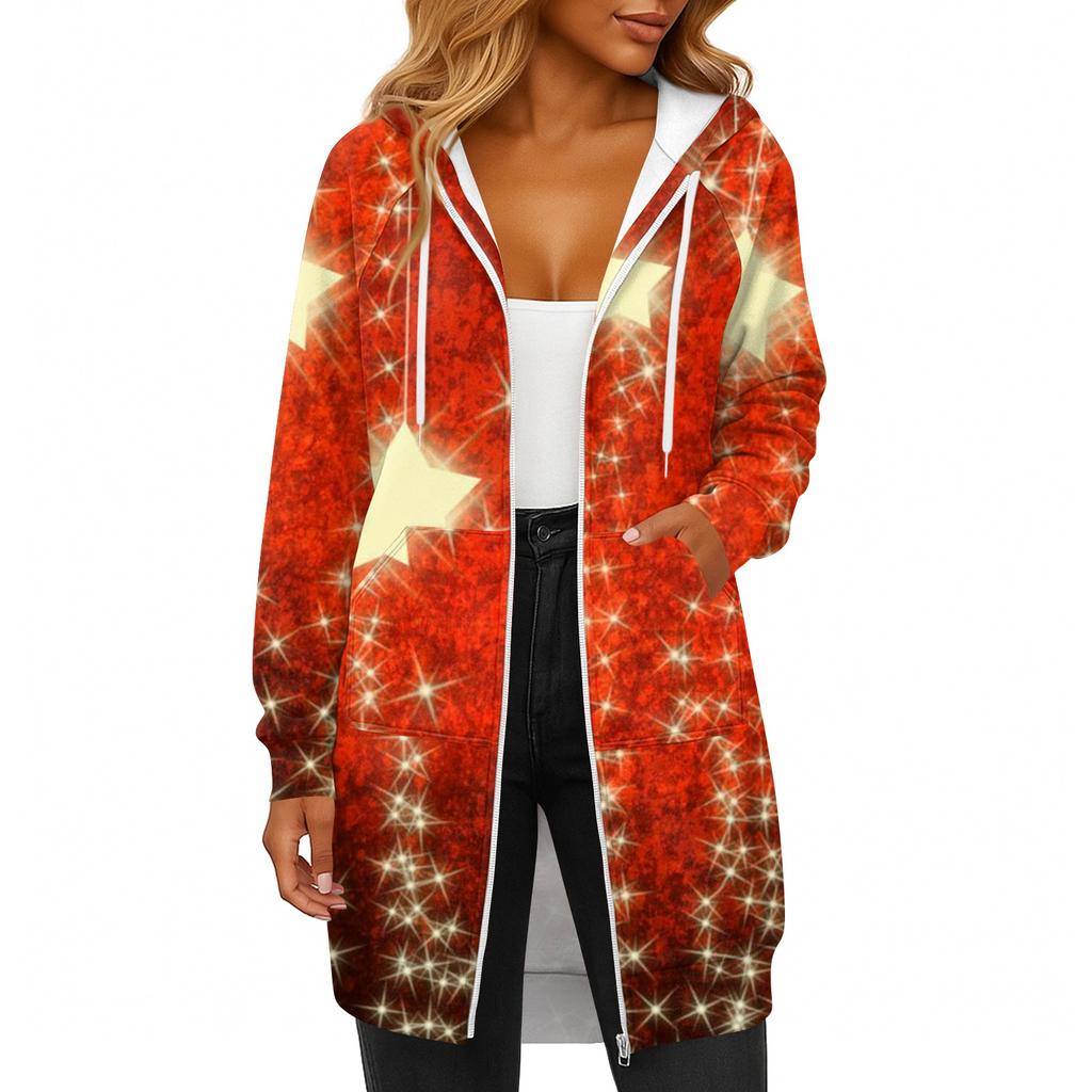 Women's Fashionable Christmas Printed Long Sleeved Drawstring Hooded Zipper Pocket Long Casual Sweatshirt Jacket