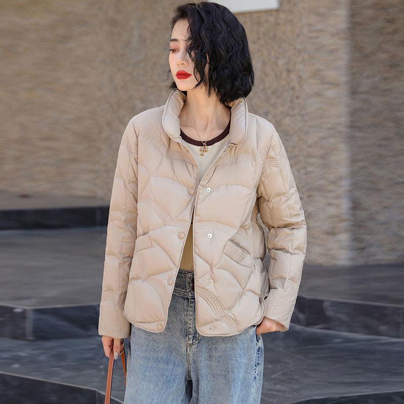 Женская ультралегкая белая куртка-пуховик на утином пуху, однобортное пальто с воротником-стойкой, черная повседневная короткая парка, верхняя одежда, топы Q518