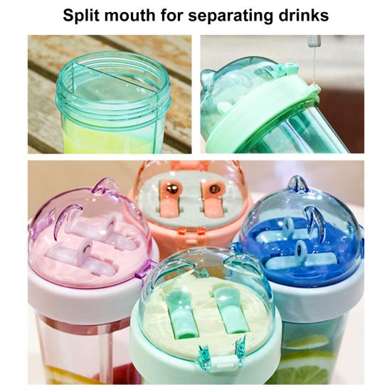 420ML Double Drinking Cup Separate Cup Mouth Dustproof Lid Leak-proof Heat Resistant Double Straws Drinking Bottle School Accessory