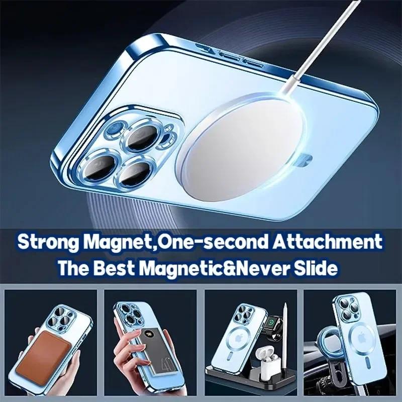 Роскошный чехол для телефона Magsafe с беспроводной зарядкой для iPhone 15 14 13 12 11 Pro Max Plus, прозрачный магнитный гальванический чехол-бампер