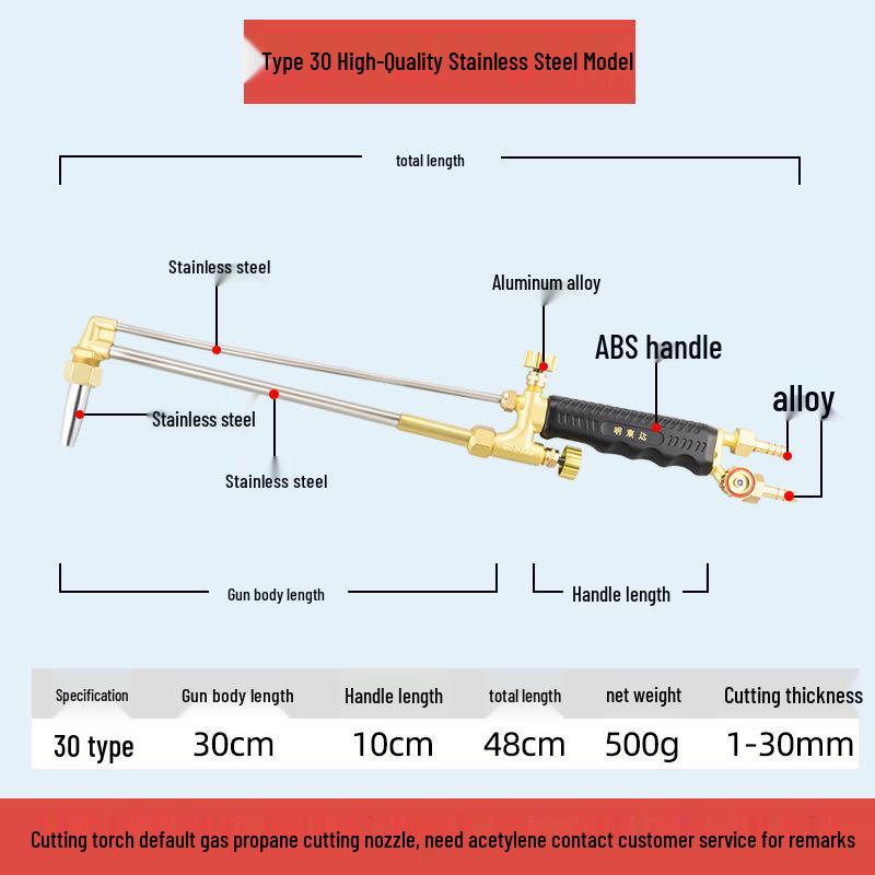 All-Copper Stainless Steel Extended & Thickened Oxygen Acetylene Cutting/Welding Torch Injector, Model G01-30/100/300.