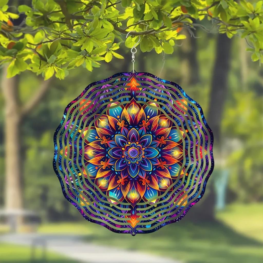 10-Inch Colorful Mandala Wind Spinner – 3D Laser-Cut Metal Art Decor, 360° Rotating Hook for Indoor/Outdoor Use – Vibrant Geometric Garden Spinner