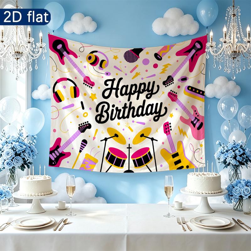 Birthday Gifts Musical Instruments Celebration Banner, Polyester Backdrop for Home Decor & Party Supplies