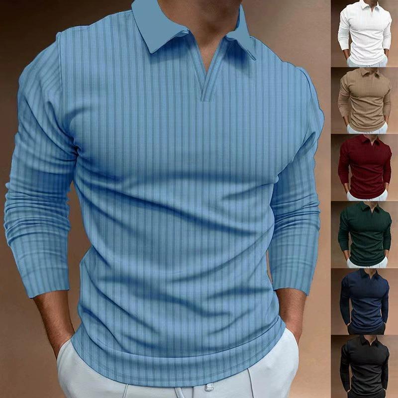 Men S V Neck Long Sleeve Polo Shirt Casual Stretch Basic Top