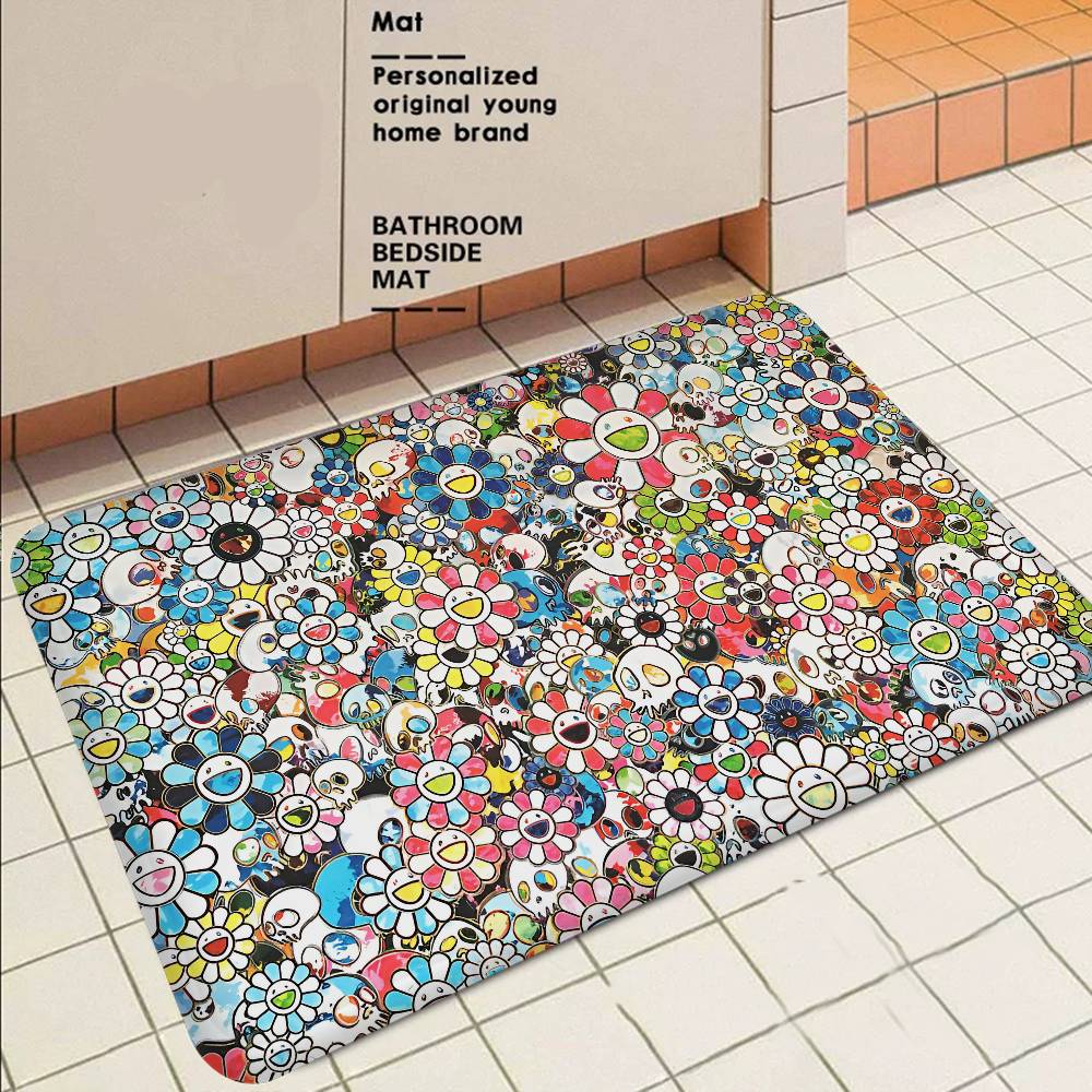 Flower T-Takashi Art M-Murakami Door Mat Washable Non-Slip Living Room Sofa Chairs Area Mat Kitchen Bedside Area Rugs