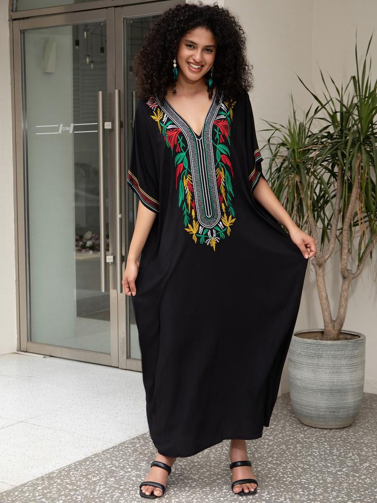Black Maxi Dresses Women Summer Embroidery Viscose Holiday Cover Ups for Swimwear Beachwear Bathing Suits