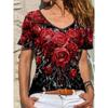 Летний топ с V-образным вырезом, принтом с 3D-цветочным узором, модная повседневная женская футболка с коротким рукавом