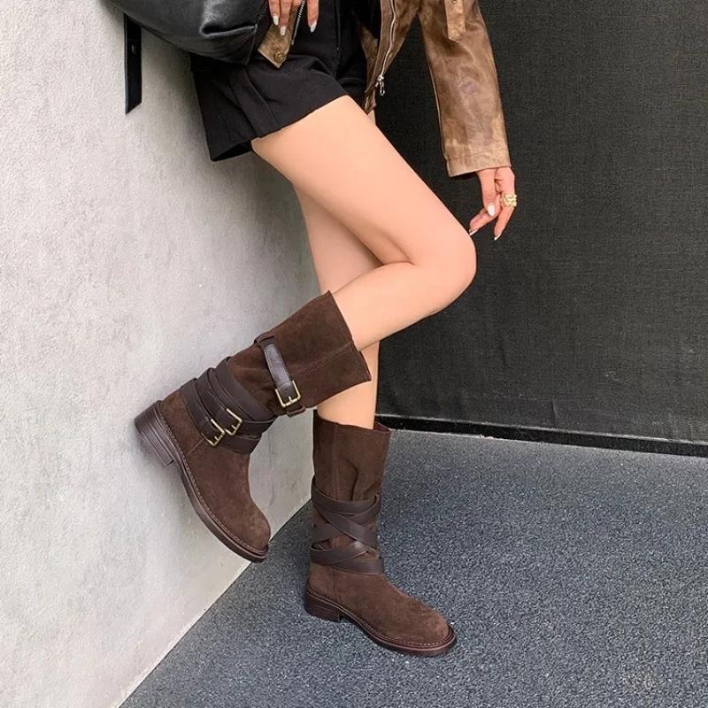 Mid-calf Square Heel Modern Boots Slip-on Round Toe 2024 High Quality Women's Shoes Mid Heel Solid Buckle Women's Boots