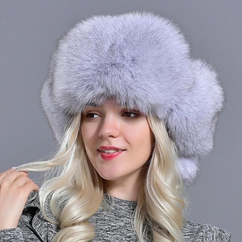 Winter Hats Earflaps Women Bomber Hats Natural Fox Fur Fluffy Female Girls Warm Sheepskin Windproof Russian Trapper Hats