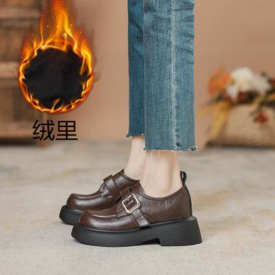 Винтажные туфли-лодочки из вымытой коровьей кожи на толстой подошве для женской осени и зимы, бархатные, на толстом каблуке, маленького размера 32