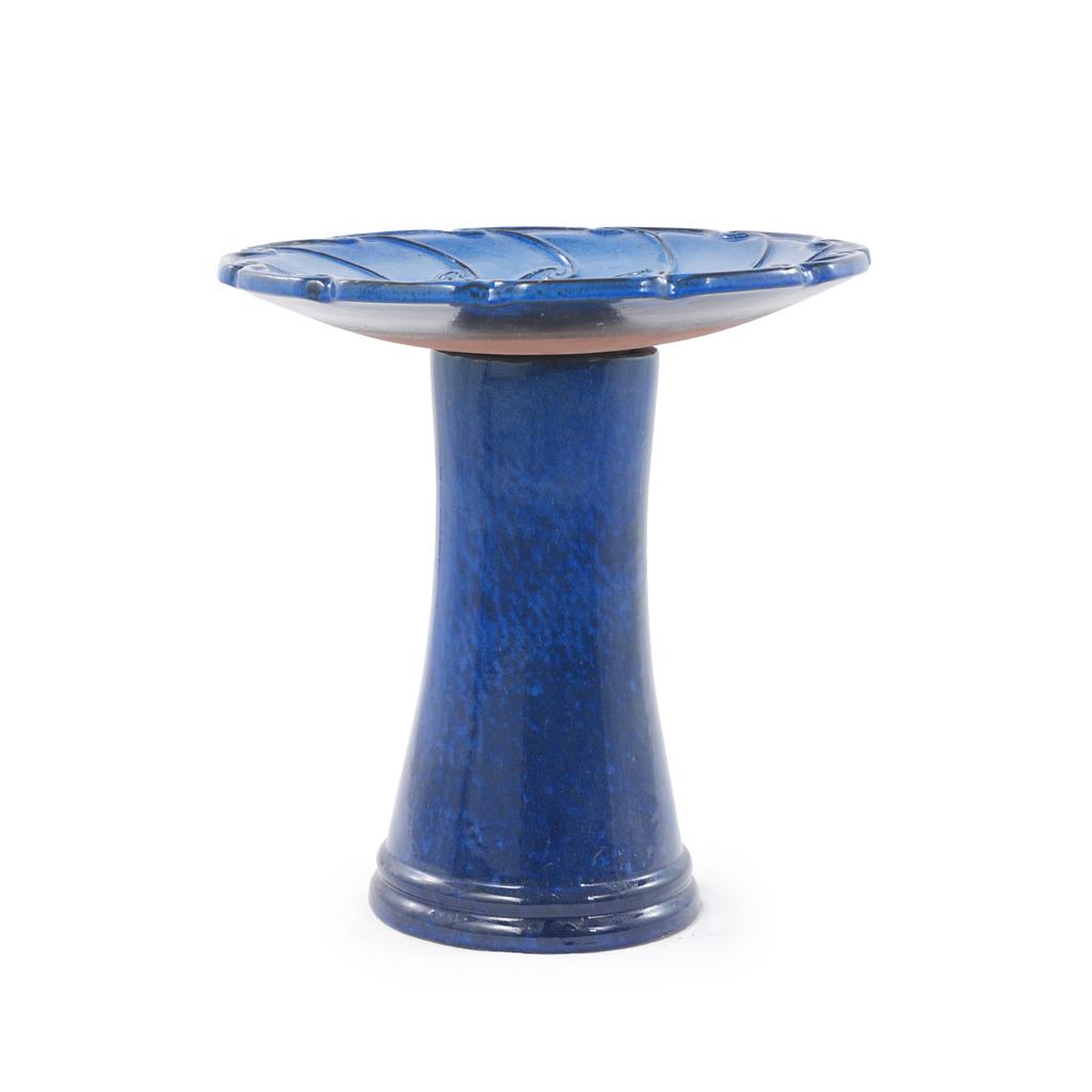 Handmade Ceramic Bird Bath (diameter 43 cm, Height 45 cm), Glossy Royal Blue with Swirl Relief, Weatherproof & Frost-Resistant, for Garden