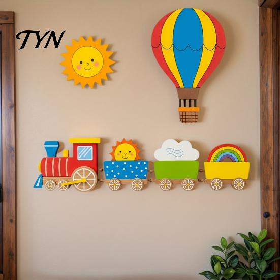 Non Damaging Wall Decor 4Pcs Cartoon Train Hot Air Balloon 3D Wooden Decor, Colorful Kids Lightweight Wood Signs Room Hanging, Nursery Educational