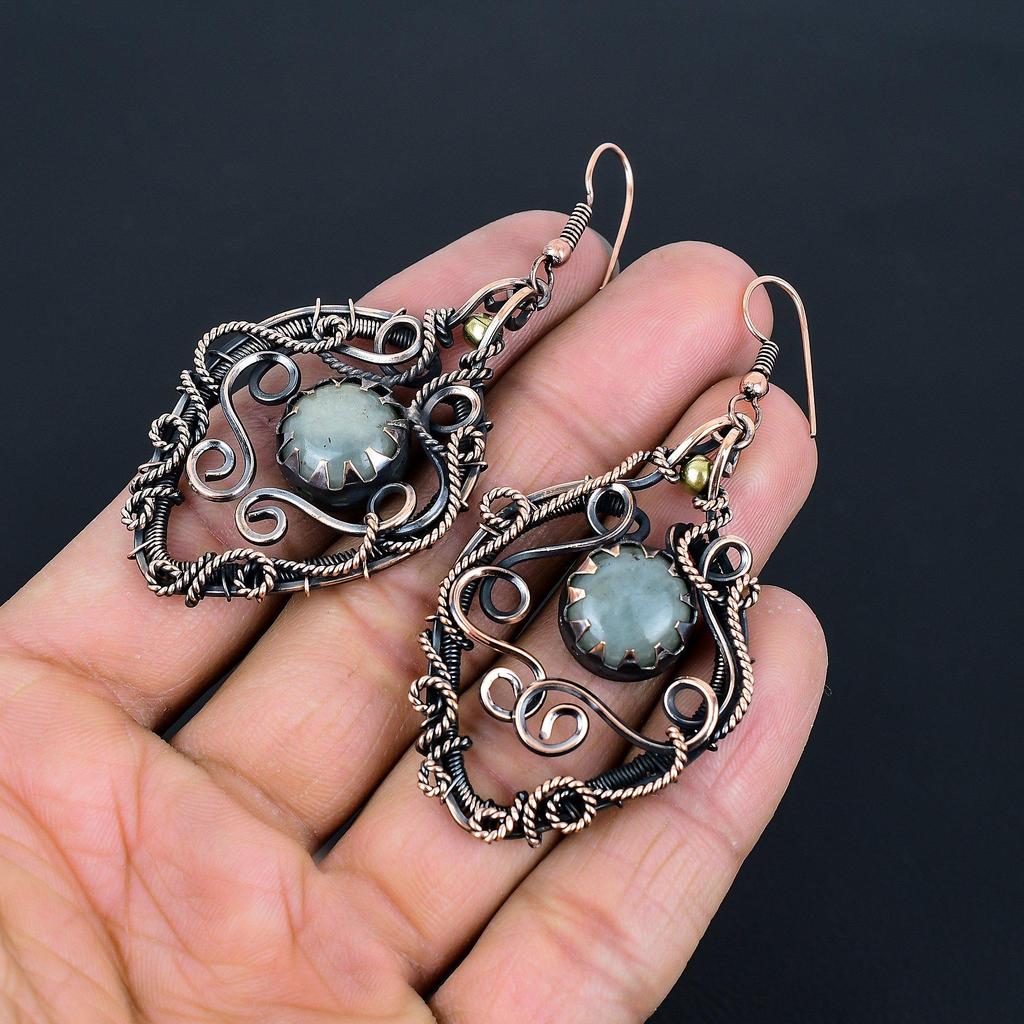 Серьги из аквамарина, обернутые медной проволокой 999 пробы, Ювелирные изделия из драгоценных камней ручной работы, Подарки для жены Совершенно новые серьги