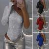 Women Sexy Sequin Bodysuit Long Sleeve One Shoulder Tube Top Jumpsuit Ladies