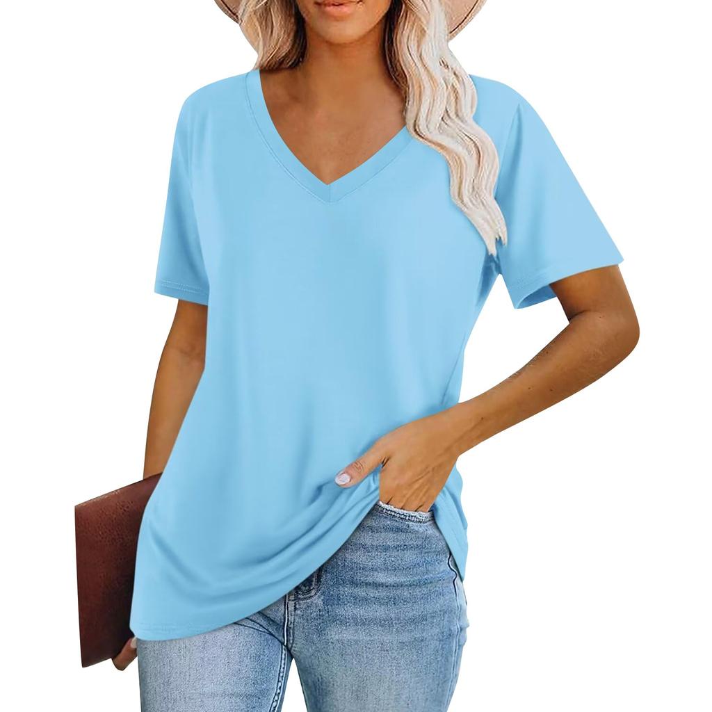 Women's Fashion V-Neck Classic Loose Solid Color Casual Short Sleeve T-Shirt
