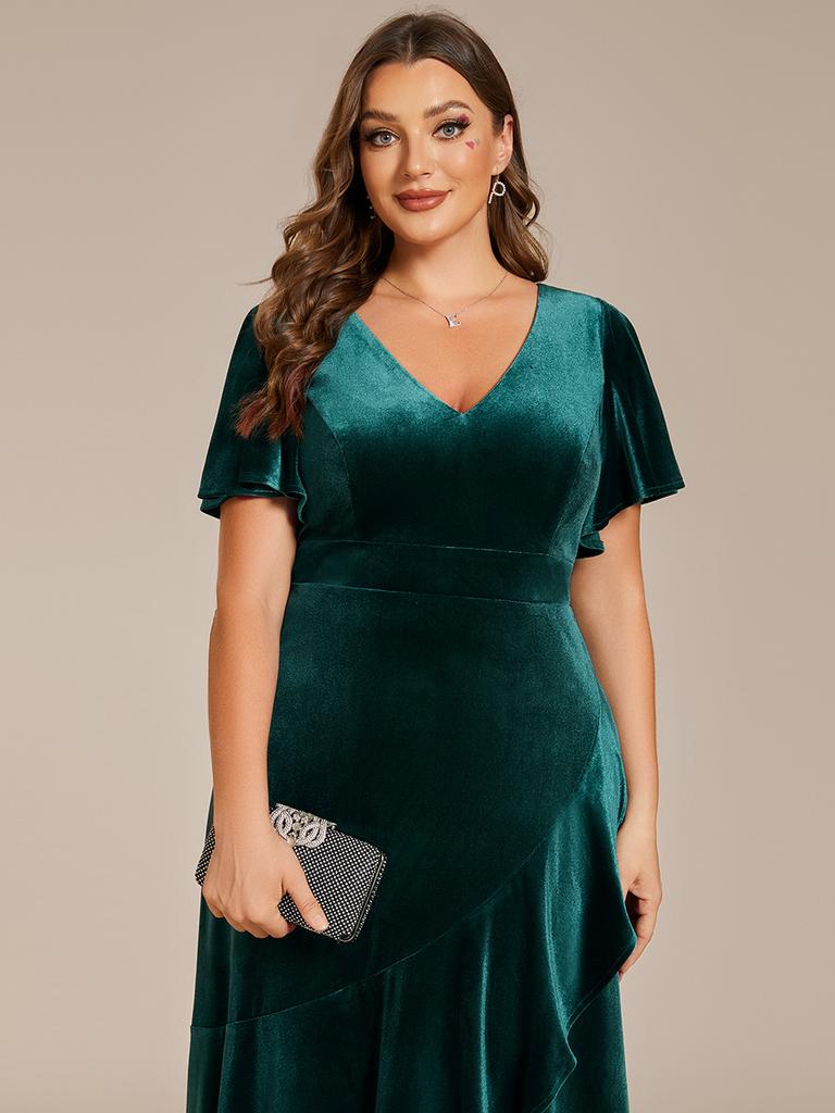 Ever-Pretty Women's Plus Size Velvet Lotus Leaf Ruffles Short Sleeves V Neck High-Low Hem Evening Dress