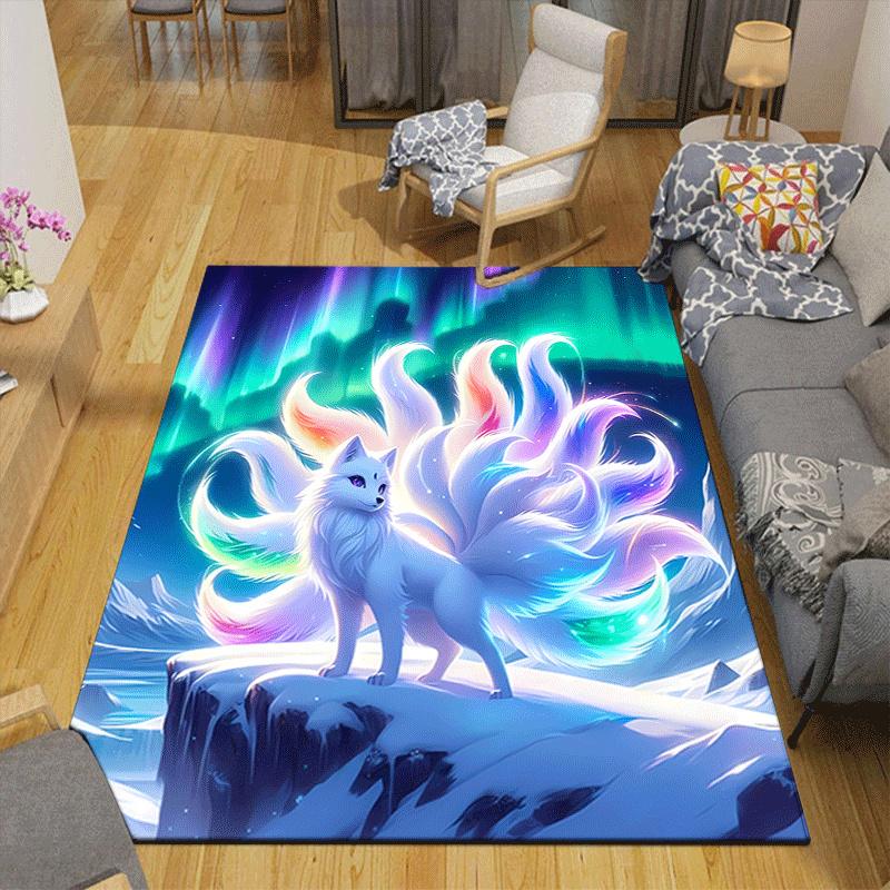 1pc White fox under the aurora Design Indoor Area Rug - Soft, Anti-Slip, and Durable Gaming Room Decor for Bedroom