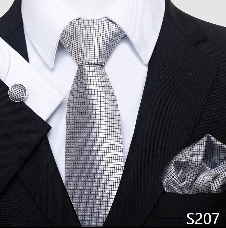 Men's 8cm Solid & Polka Dot Plaid Tie Set with Cufflinks & Pocket Square