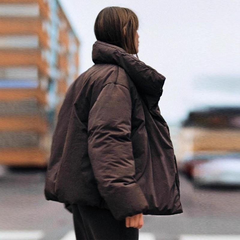 Womens Winter Short Cotton Puffer Jacket Stand Collar Lace-up Solid Color Loose Fit Casual Coat