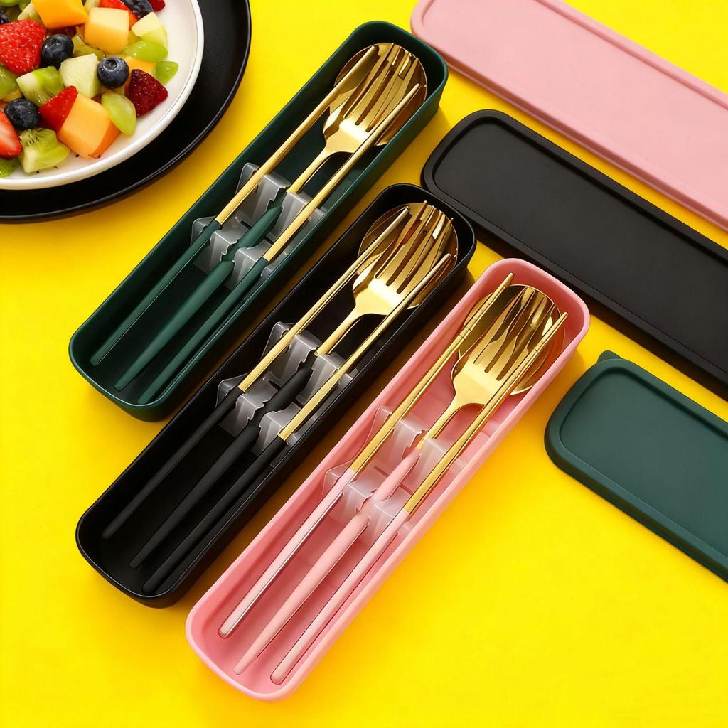 Дорожный набор столовых приборов из нержавеющей стали 410: Вилка, Ложка и Палочки в Подарочной Коробке. Идеально подходит для студентов!