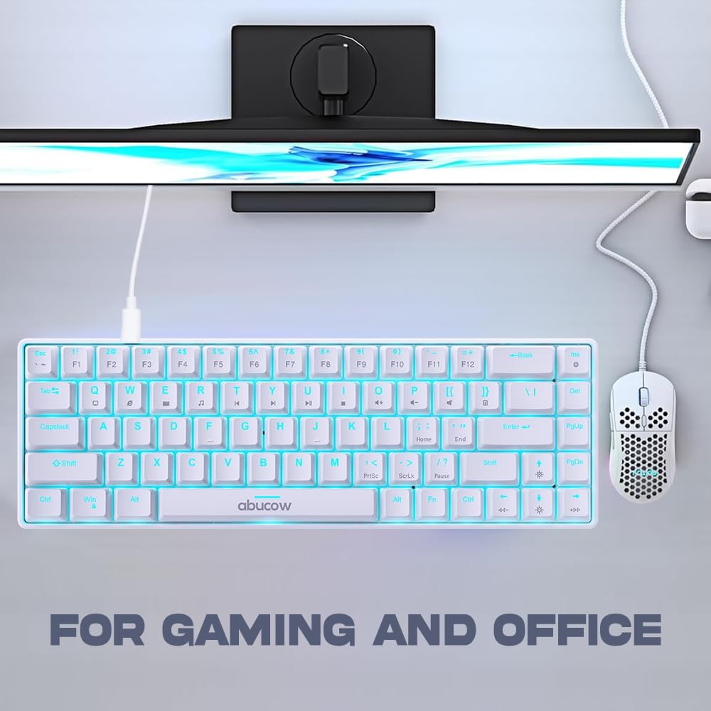 Abucow 60% Mechanical Gaming Keyboard, Black Switches, Wired Compact Keyboard with Blue LED Backlight, Replaceable White Keycaps, Compatible with
