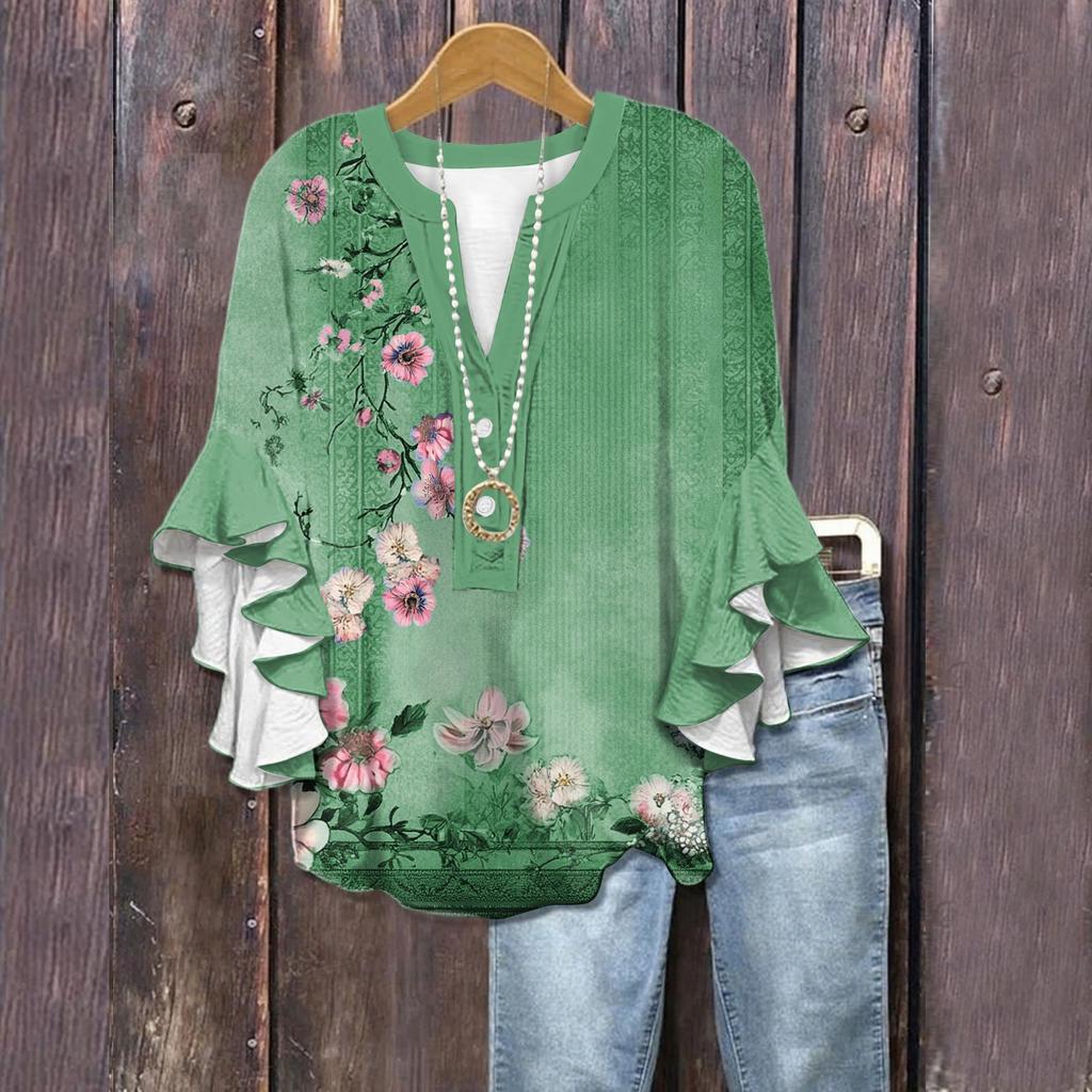 Summer Tops For Women Cute V Neck 3/4 Sleeve Blouses Floral Print Top Casual Shirts