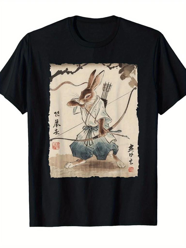 Samurai Rabbit Archer Graphic T-Shirt Japanese Manga Style Warrior Bunny Tee
