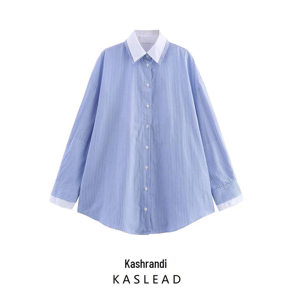 2025 Spring Women's European and American Style Poplin Patchwork Striped Shirt