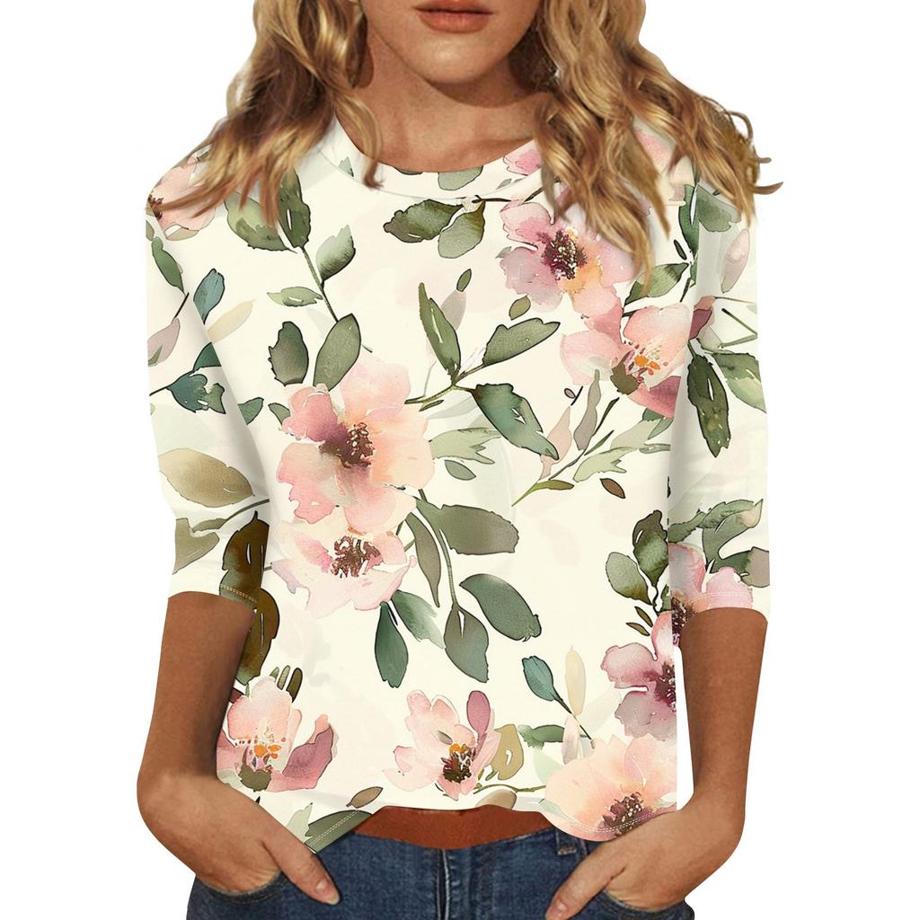 Женская модная повседневная футболка с круглым вырезом и принтом 3/4