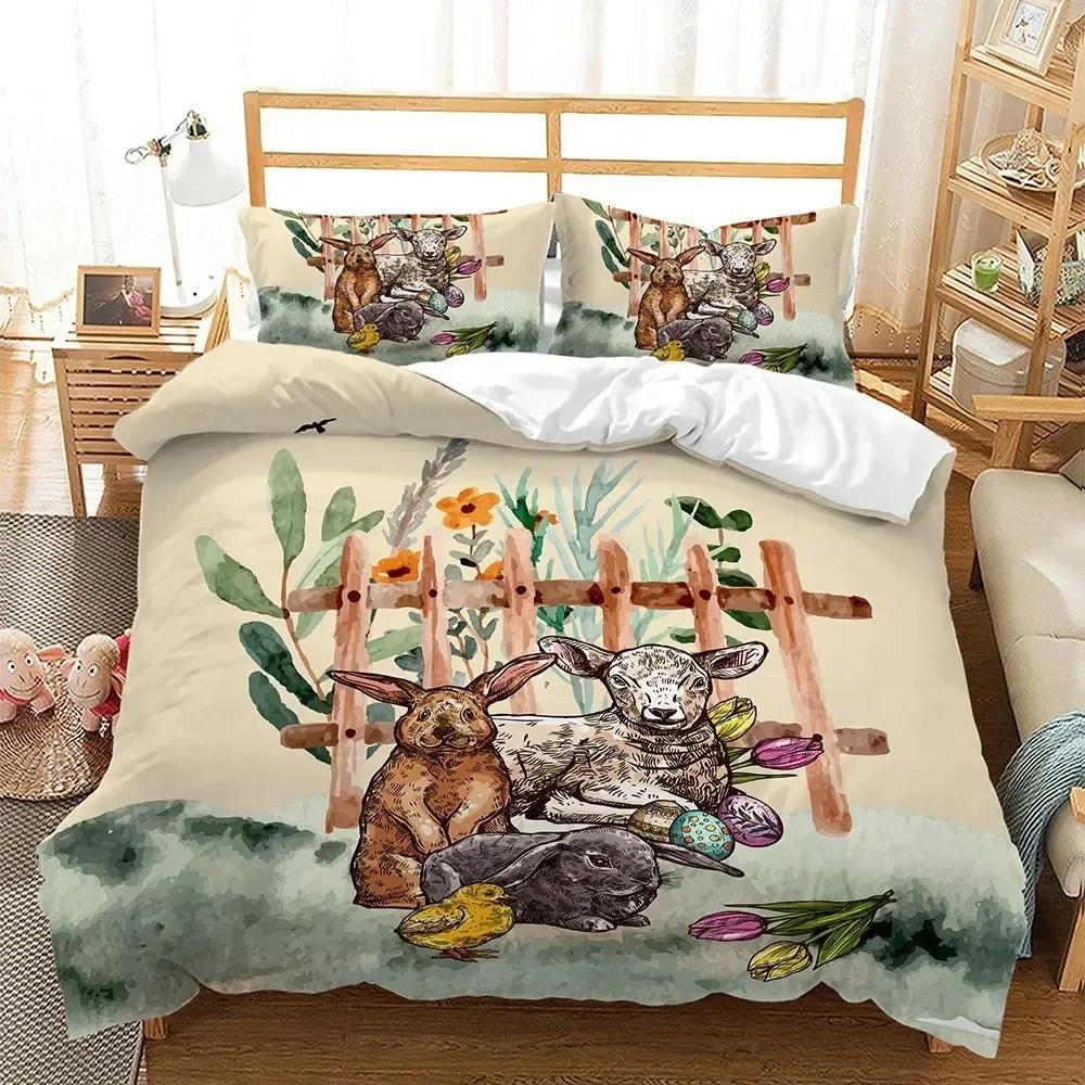E-Easter Duvet Cover Set Single Twin Size Colorful E-Easter Eggs Nest Bunnies Theme Bedding Set Kids Boys Girls Polyester