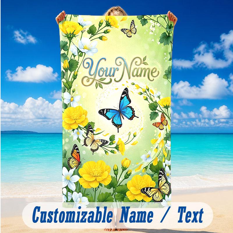 Butterfly Theme Beach Towel Personalized Custom Name & Text Soft Quick Dry Beach Towel for Swimming Travel