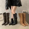 Винтажные ботфорты на массивном каблуке с острым носком для женщин, дизайн осень/зима 2024, стильная двусторонняя носка.