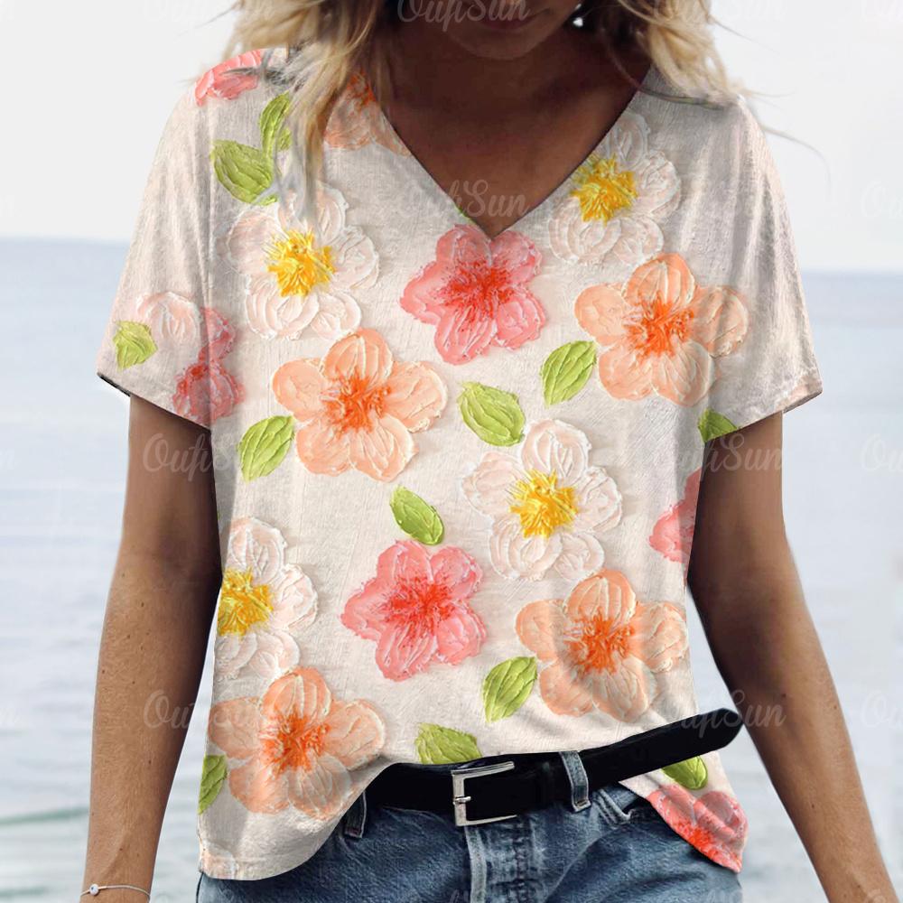 Новая футболка с принтом, летняя повседневная футболка с V-образным вырезом и короткими рукавами, женская свободная уличная мода, повседневная одежда, топ