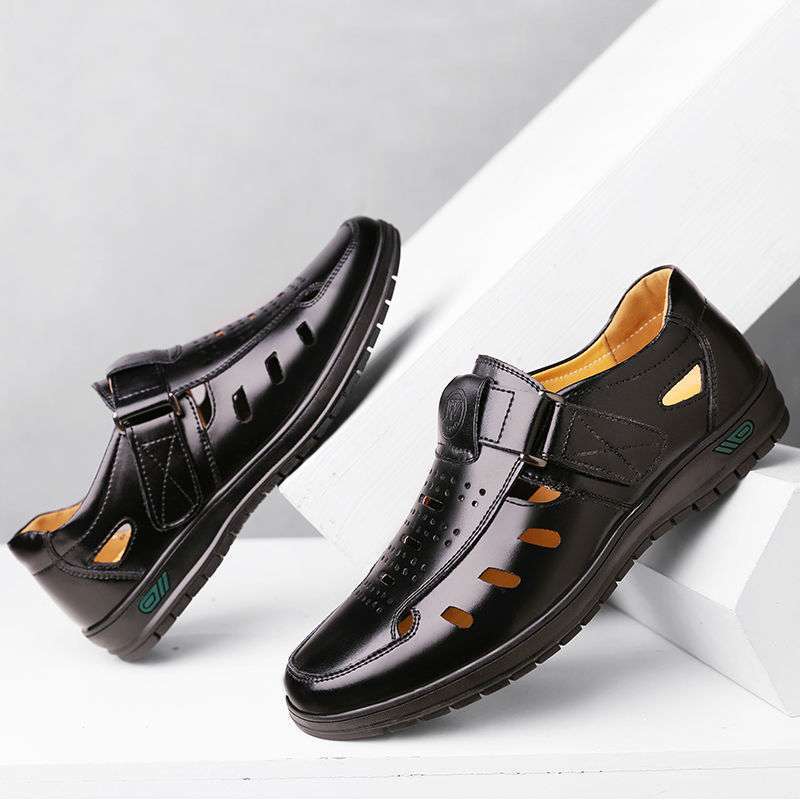 Special Leather Shoes Summer Hollow Leather Sandals Men's Breathable Soft Sole Soft Surface Hole Shoes Middle-aged and Elderly Business Dad Shoe Cou