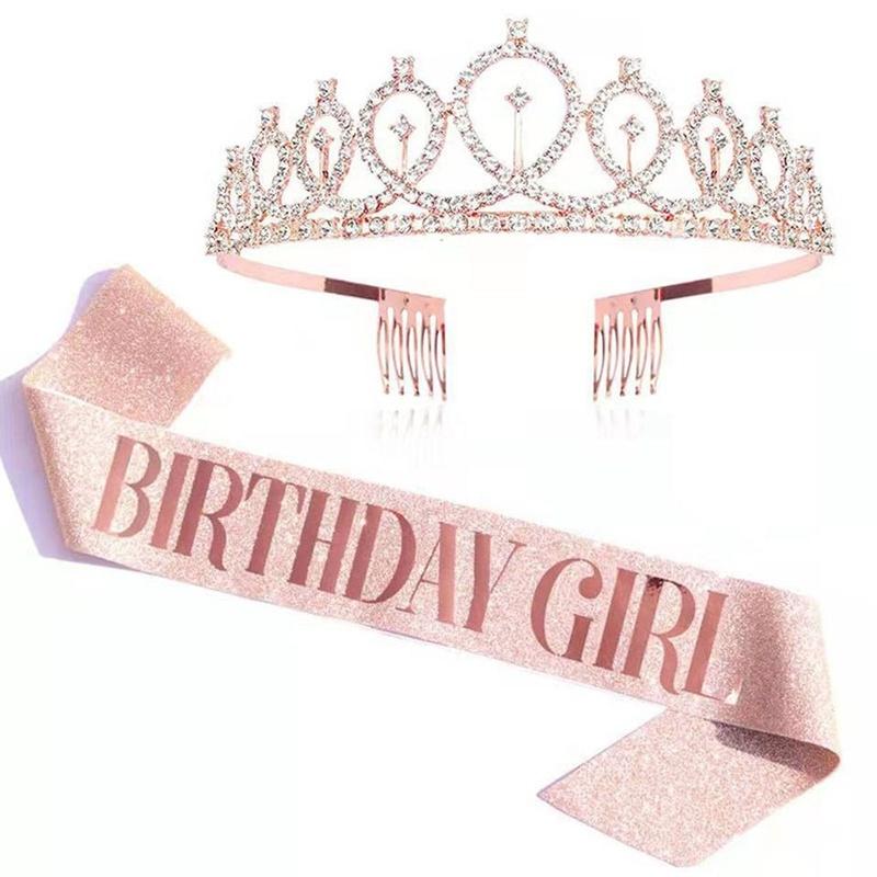 Корона из розового золота на день рождения, пояс со стразами, женские тиары для королевы, подарки на день рождения, атрибутика для вечеринок для женщин, украшения на день рождения