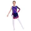 Girls Lyrical Dance Dress Round Neck Asymmetrical Split Shiny Rhinestones Contrast Color Figure Skating Gymnastics Gown