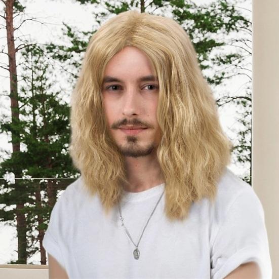 Men Wig Headgear Curly Blond Vintage Shoulder Length Handsome Corn Perm Chemical Fiber Full Head Set Soft Natural Hair Extensions