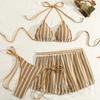 Stripes 3 in 1 Swimwear Set Lace Up Knitting Swimsuit Casual Bikini Bathing Suit  Beach