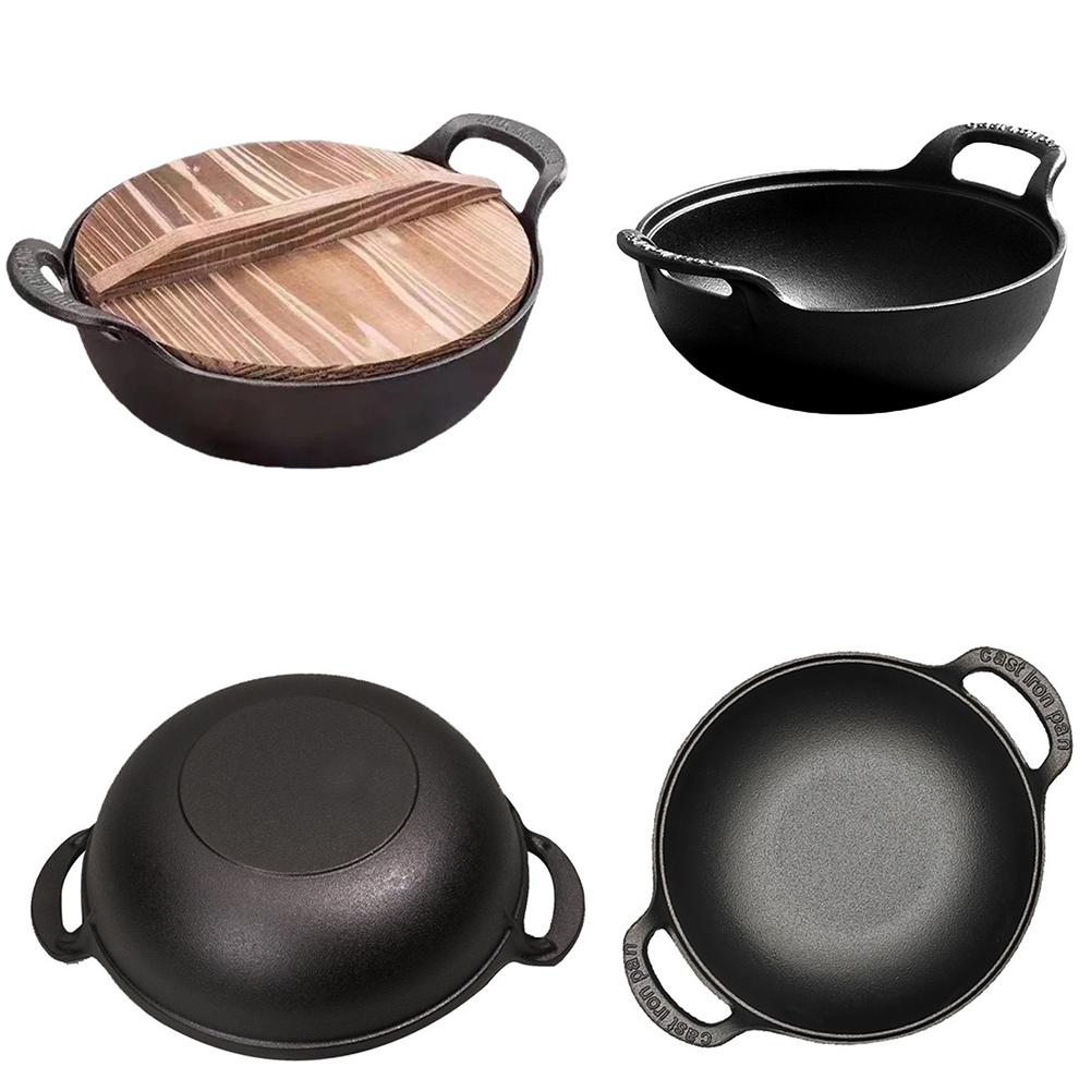 Чугунный горшок с крышкой и двойной ручкой, сковорода без покрытия, многофункциональная сковорода с плоским дном для газовой и индукционной плиты