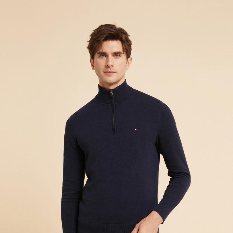 Tommy Hilfiger Хлопковый Повседневный Простой Свитшот-Пуловер на Молнии с Воротником-стойкой С Маленькой Вышивкой Логотипа Мужской свитер XM0XM02624