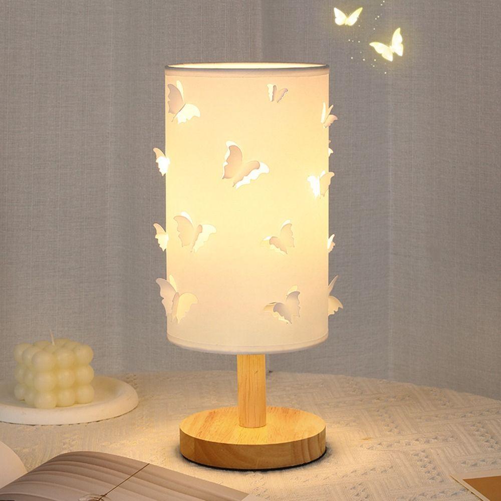 Solid Wood Wood Desk Light 3D Butterfly Decorative Fabric Table Lamp Modern LED Night Light Dorm