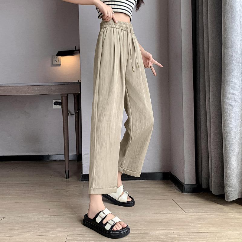 Women's Summer New Thin Loose Wide-legged Trousers Small High Waisted Elastic Nine-minute Trousers Ice Silk Straight Casual Trousers