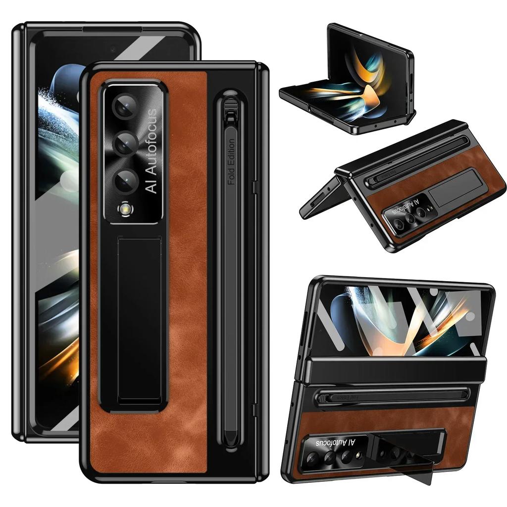 Luxury Leather Bracket Pen Slot with Stylus Case for Samsung Galaxy Z Fold 6 5 4 Retro Style Count Hinge Seismic Protect Cover