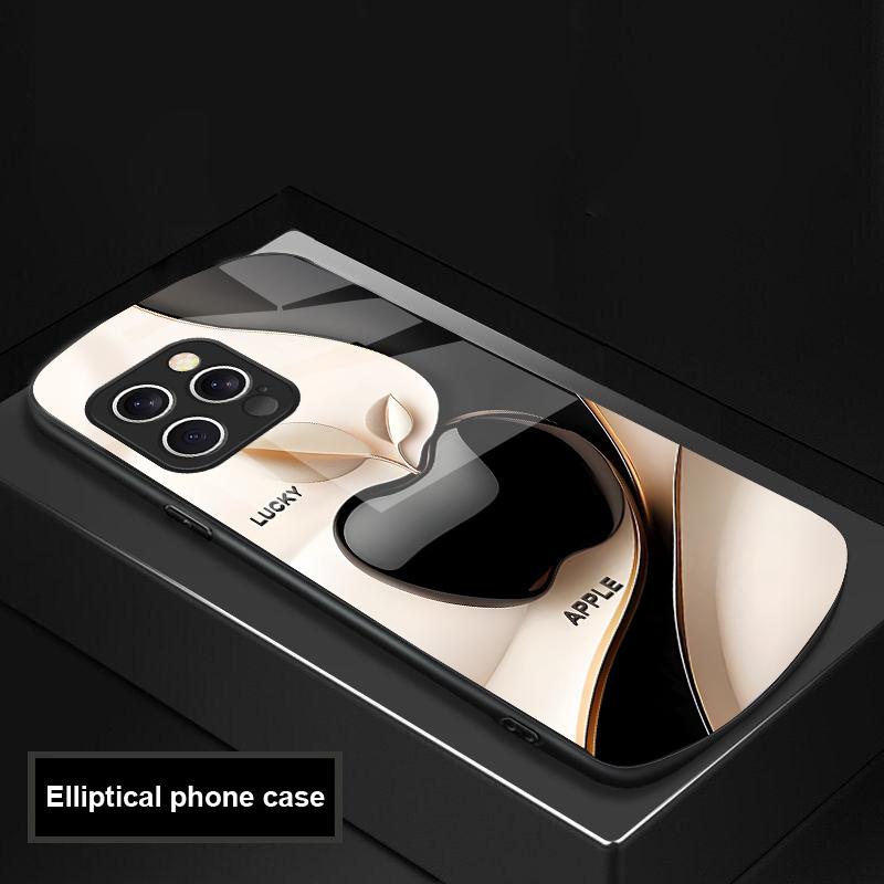Счастливый черный яблочный чехол для iPhone 16 Pro Max 15 Pro 14 13 12 Mini 11 XS Max XR 7 8 Plu SE 2022 Эллиптический стеклянный чехол для телефона