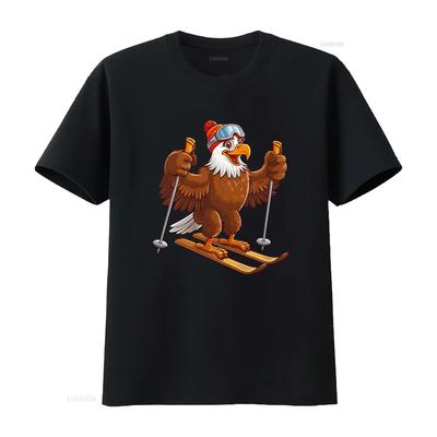 Eagle Skiing Skier Fun Cartoon Ski T Shirt Vintage Washed Breathable Unisex Slightly Versatile Graphic Stretched Homme
