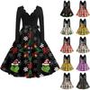 Женское модное ретро платье с длинным рукавом, квадратным вырезом, рождественским принтом, вечернее платье
