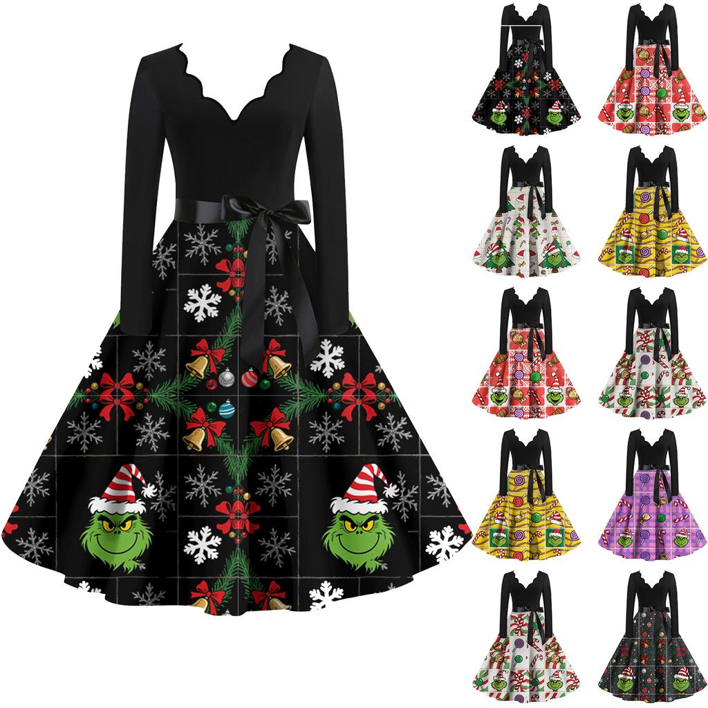 Женское модное ретро платье с длинным рукавом, квадратным вырезом, рождественским принтом, вечернее платье